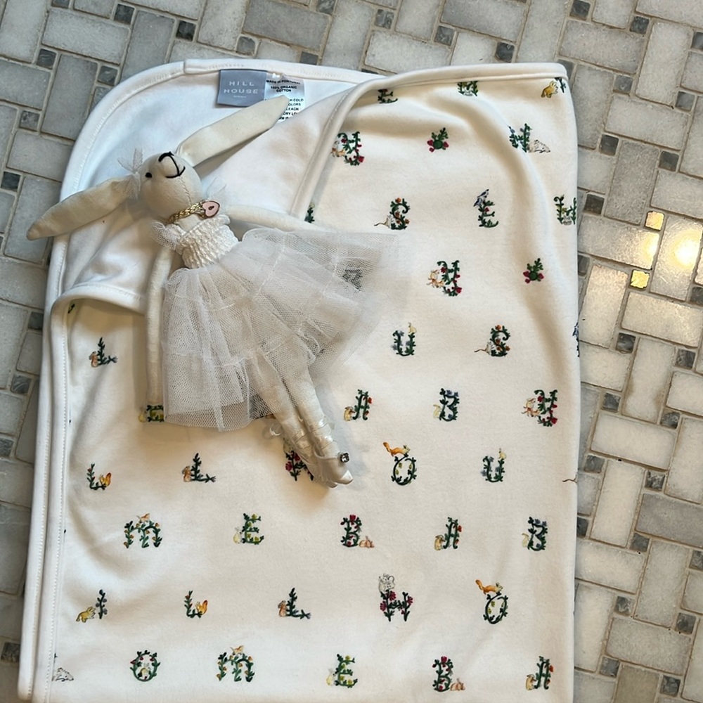 Hill House White Baby Blanket with Floral letters & Ballerina Bunny gift combo.